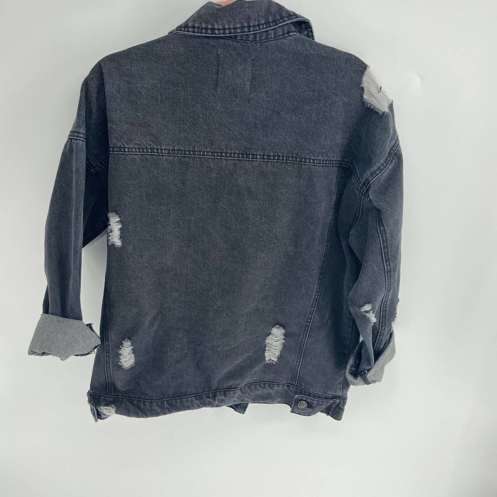 Khaki and Blue black oversize distressed full button denim jacket womens small - Picture 5 of 6